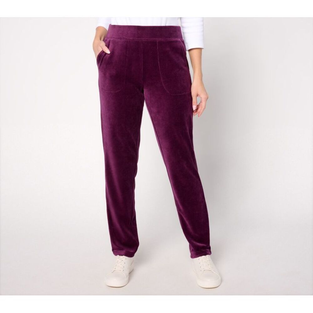 Denim & Co. Women's Petite Pants PXL Active Velour Strght Leg Pant Purple